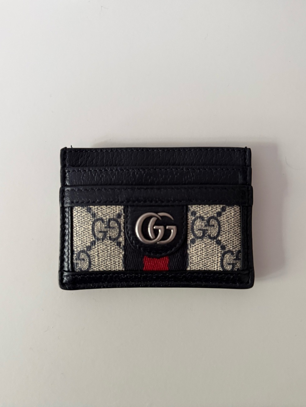Gucci Black Leather GG Canvas Card Case with Red Stripe